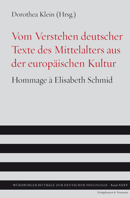 Cover zu Vom Verstehen deutscher Texte des Mittelalters aus der europäischen Kultur.  Hommage à Elisabeth Schmid.  Würzburger Beiträge zur Deutschen Philologie Bd. 35 - 2011. (ISBN 9783826046025)